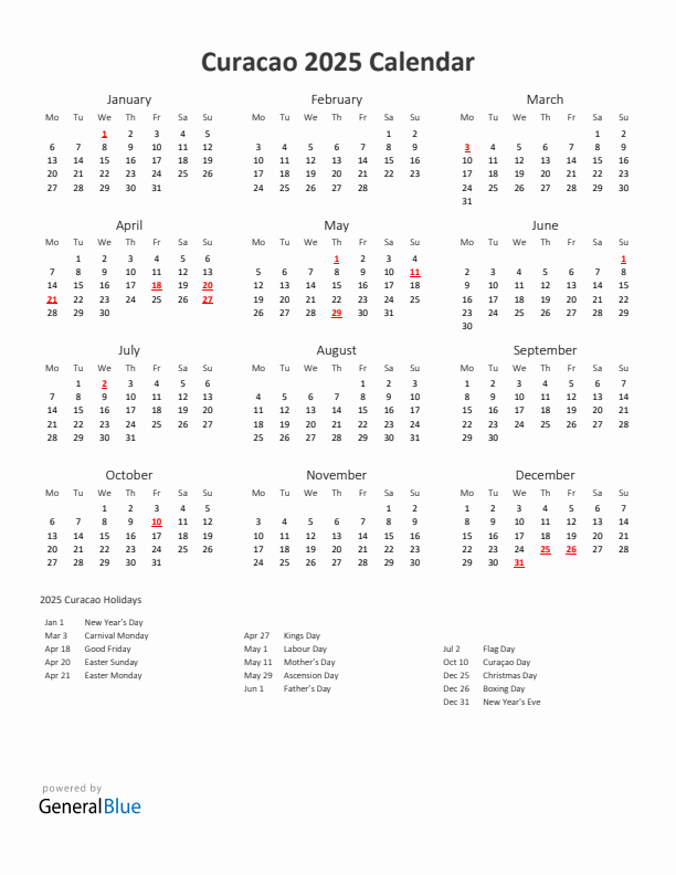 2025 Yearly Calendar Printable With Curacao Holidays