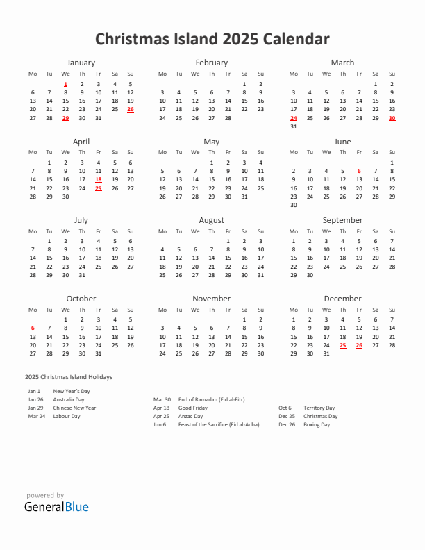 2025 Yearly Calendar Printable With Christmas Island Holidays