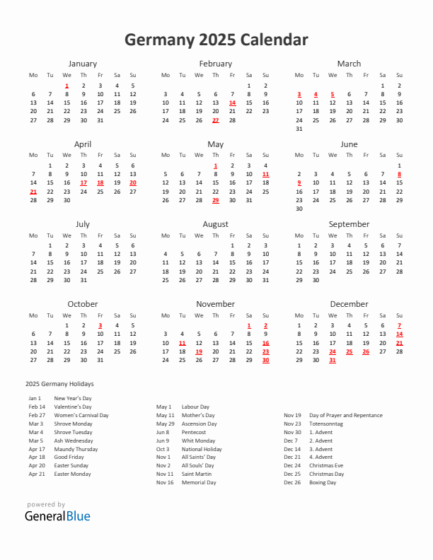 2025 Yearly Calendar Printable With Germany Holidays