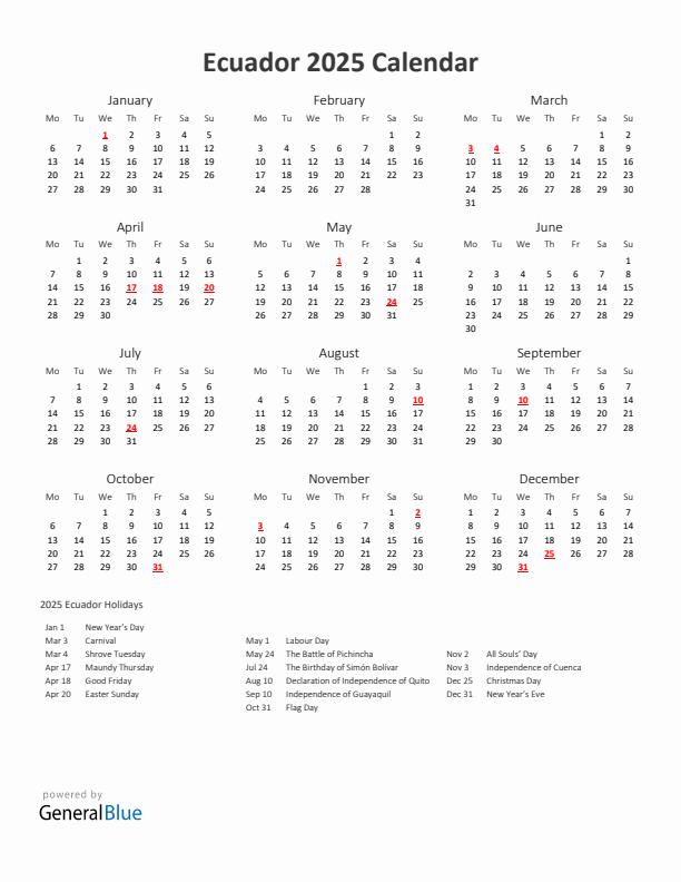 2025 Yearly Calendar Printable With Ecuador Holidays