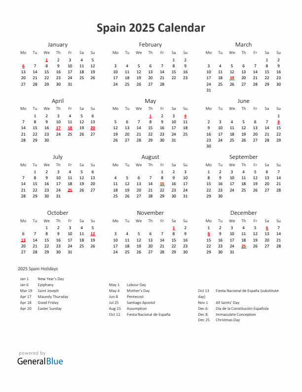 2025 Yearly Calendar Printable With Spain Holidays