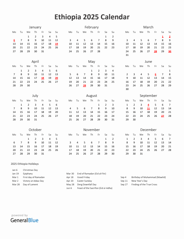 2025 Yearly Calendar Printable With Ethiopia Holidays