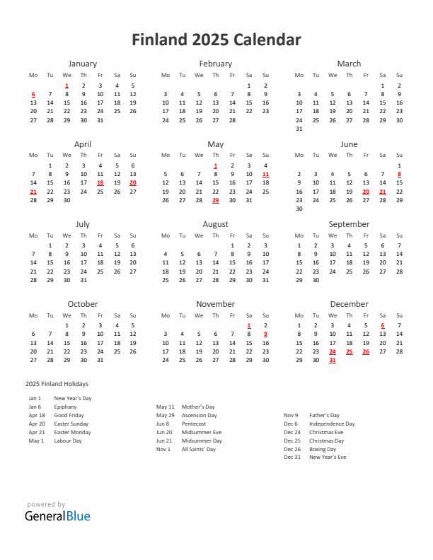 2025 Yearly Calendar Printable With Finland Holidays