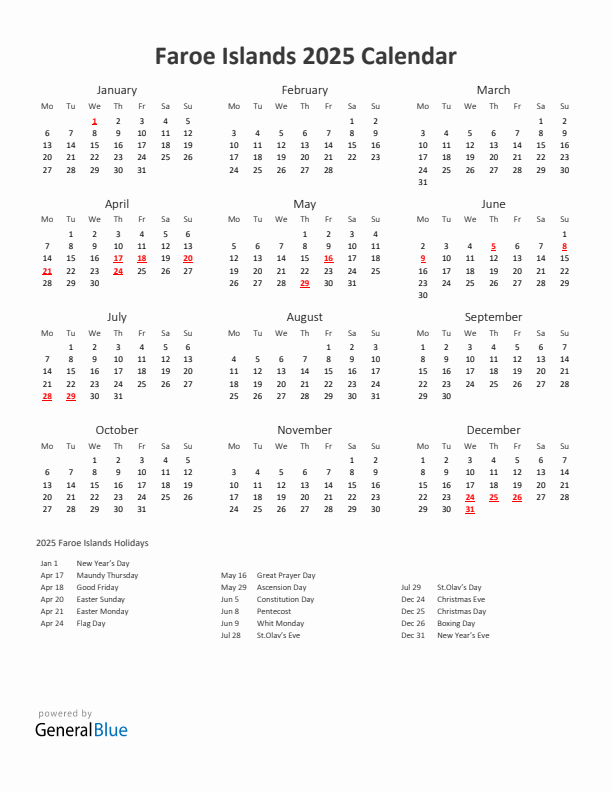 2025 Yearly Calendar Printable With Faroe Islands Holidays