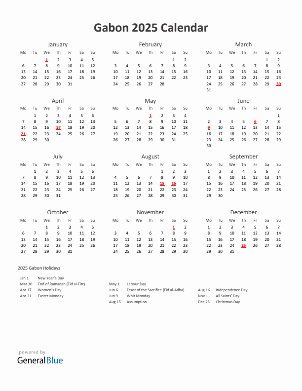 2025 Yearly Calendar Printable With Gabon Holidays