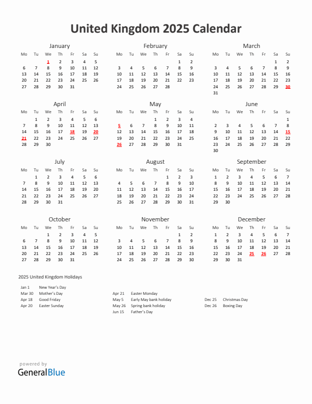 2025 Yearly Calendar Printable With United Kingdom Holidays