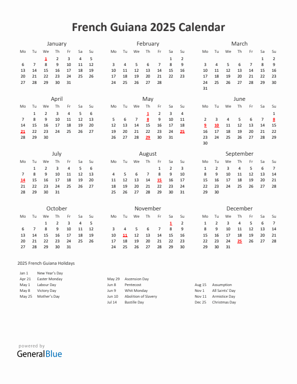 2025 Yearly Calendar Printable With French Guiana Holidays