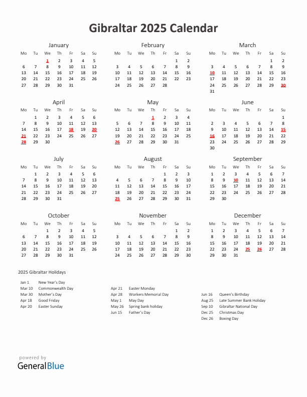 2025 Yearly Calendar Printable With Gibraltar Holidays