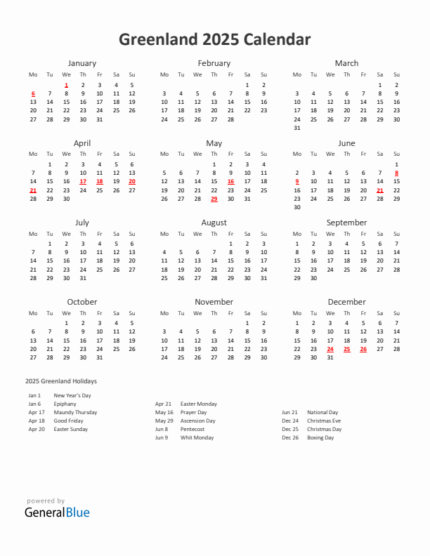 2025 Yearly Calendar Printable With Greenland Holidays