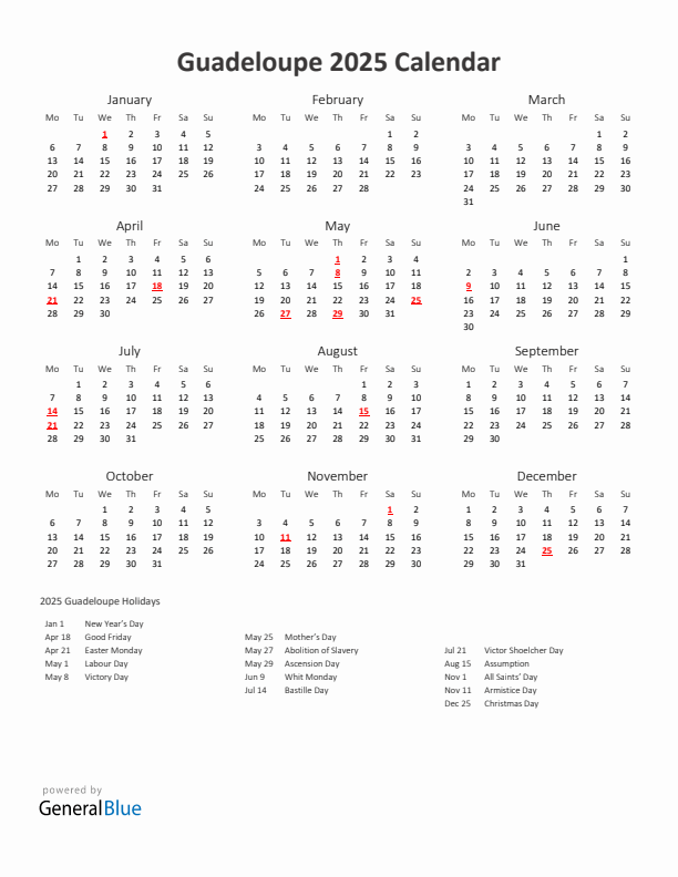 2025 Yearly Calendar Printable With Guadeloupe Holidays