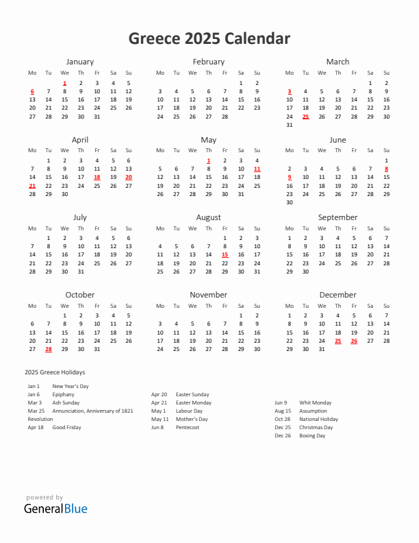 2025 Yearly Calendar Printable With Greece Holidays