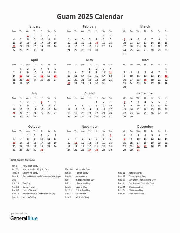 2025 Yearly Calendar Printable With Guam Holidays