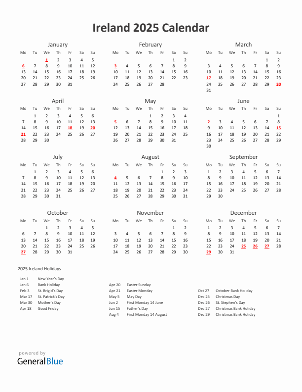 2025 Yearly Calendar Printable With Ireland Holidays