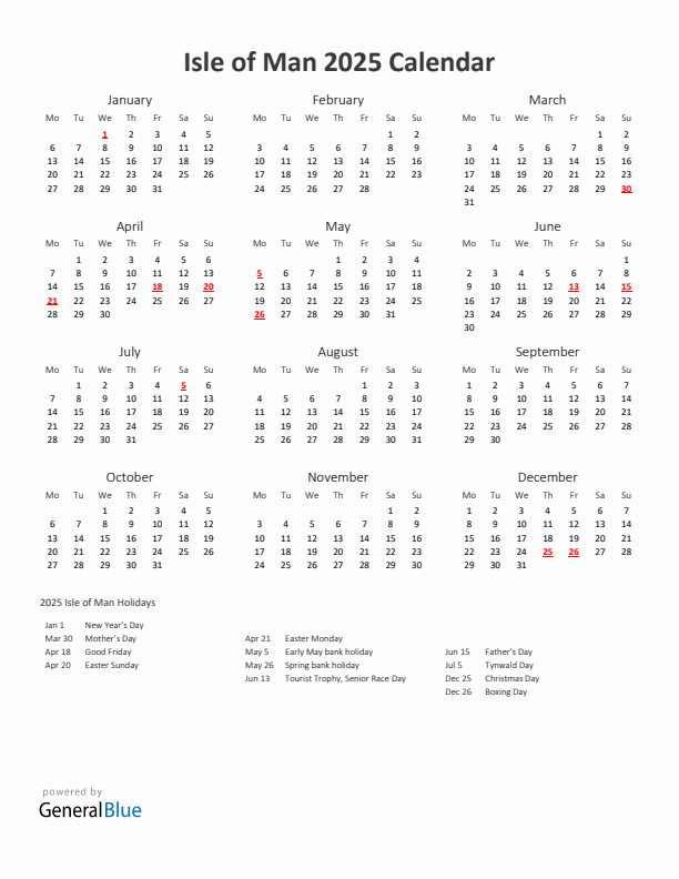 2025 Yearly Calendar Printable With Isle of Man Holidays