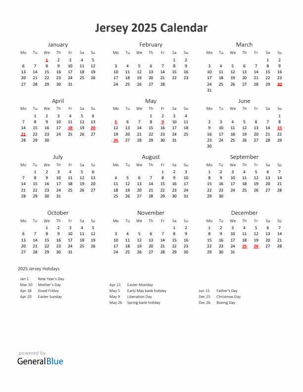 2025 Yearly Calendar Printable With Jersey Holidays