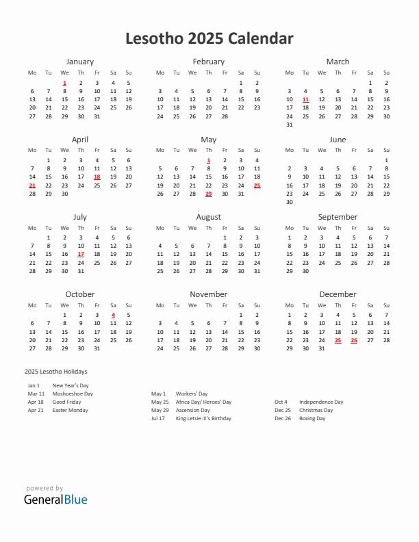 2025 Yearly Calendar Printable With Lesotho Holidays