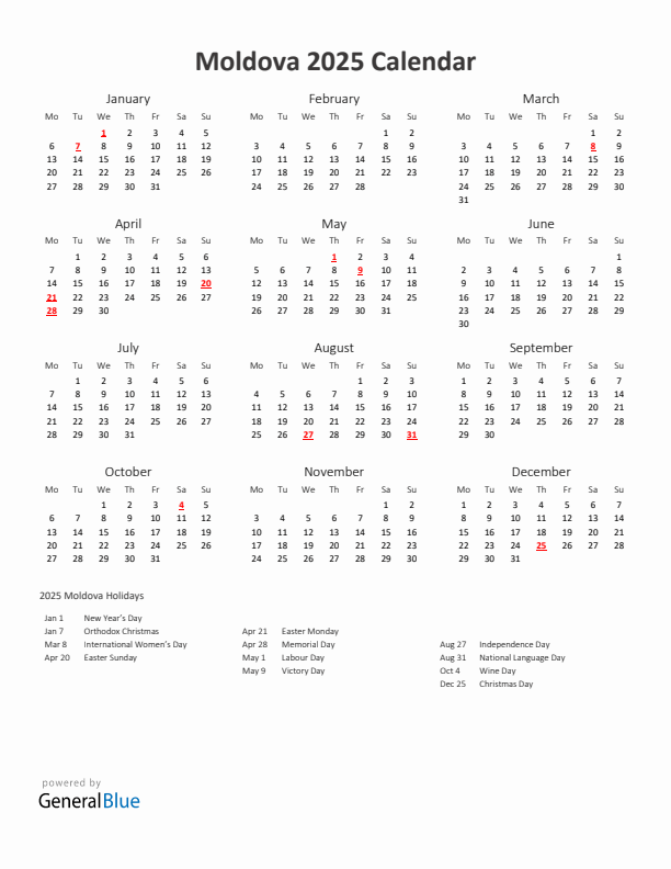 2025 Yearly Calendar Printable With Moldova Holidays