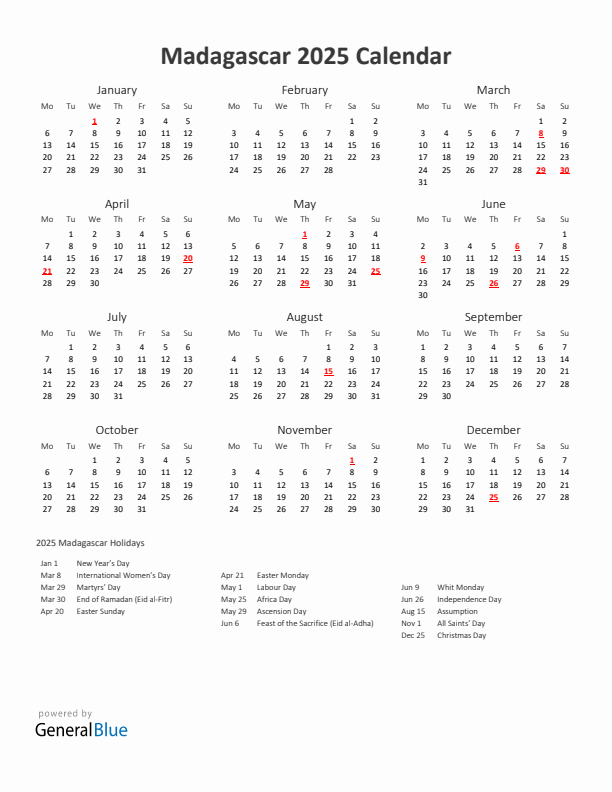 2025 Yearly Calendar Printable With Madagascar Holidays