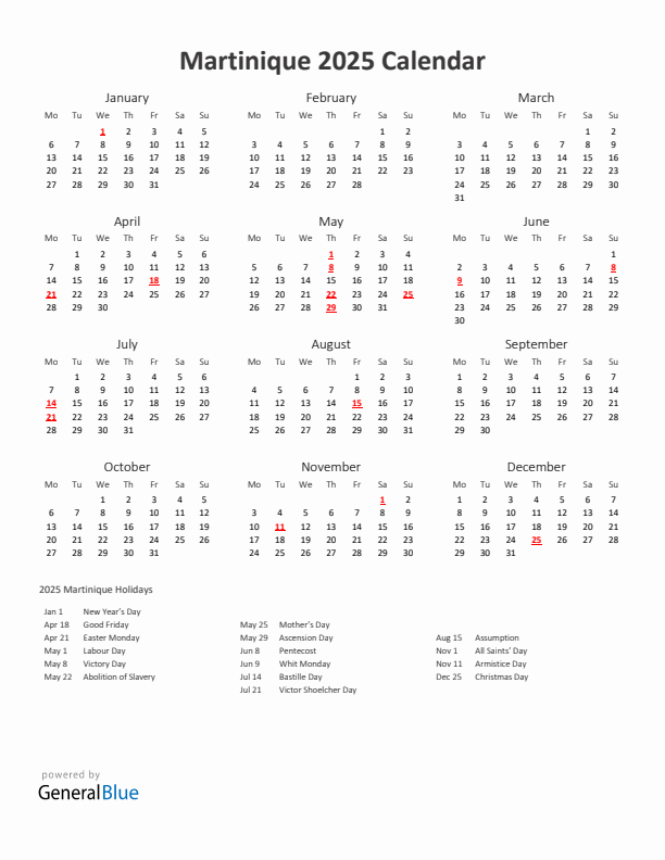 2025 Yearly Calendar Printable With Martinique Holidays