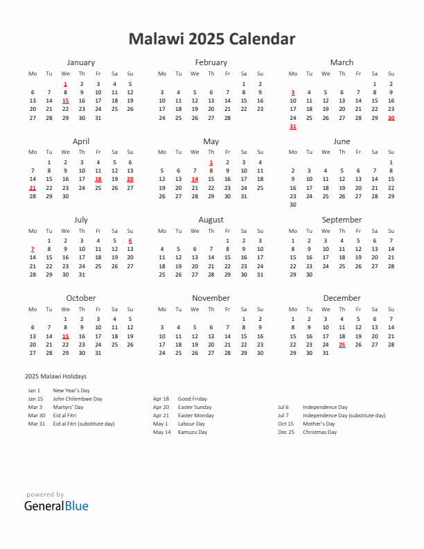 2025 Yearly Calendar Printable With Malawi Holidays