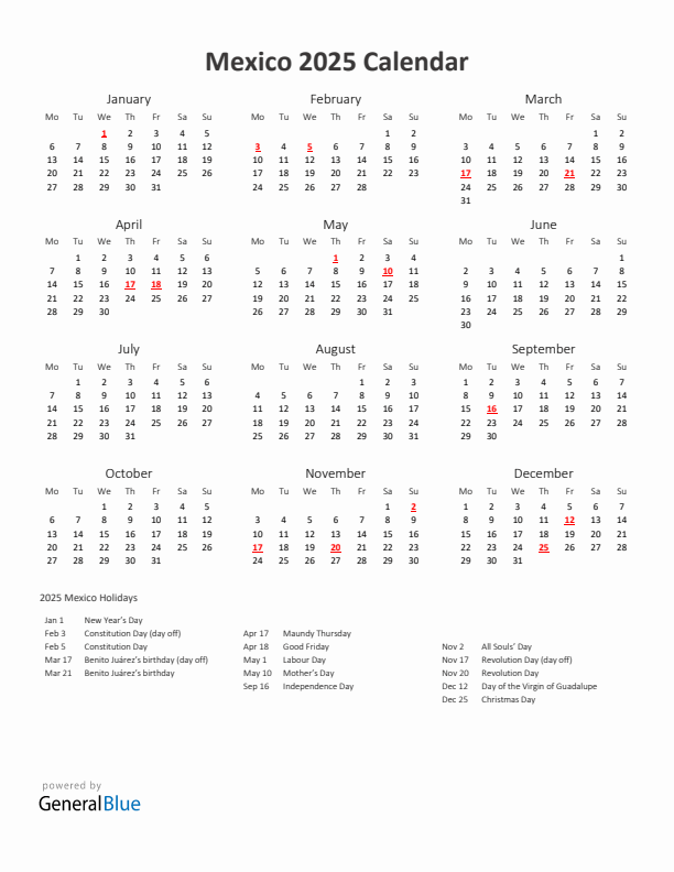 2025 Yearly Calendar Printable With Mexico Holidays