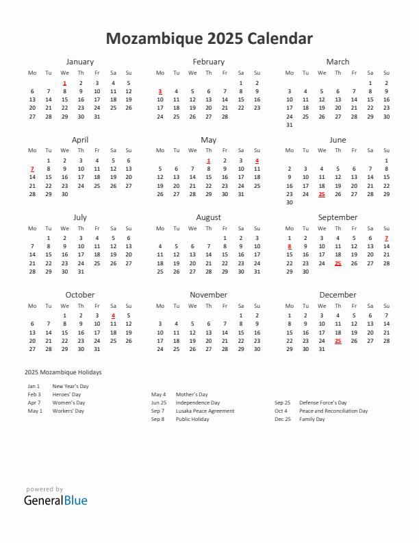 2025 Yearly Calendar Printable With Mozambique Holidays