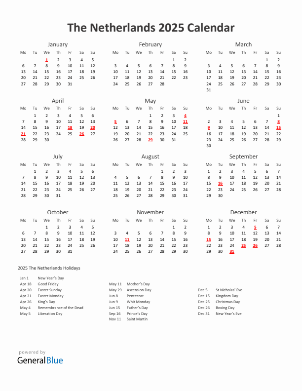 2025 Yearly Calendar Printable With The Netherlands Holidays