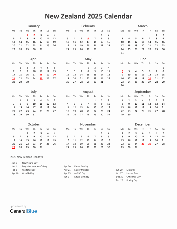 2025 Yearly Calendar Printable With New Zealand Holidays