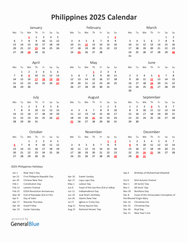 2025 Yearly Calendar Printable With Philippines Holidays