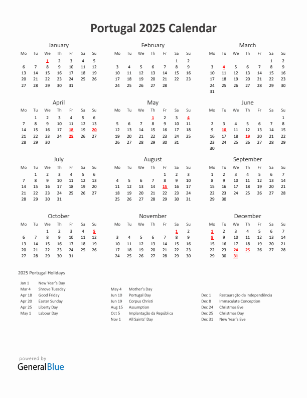 2025 Yearly Calendar Printable With Portugal Holidays