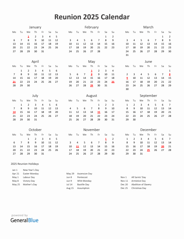 2025 Yearly Calendar Printable With Reunion Holidays