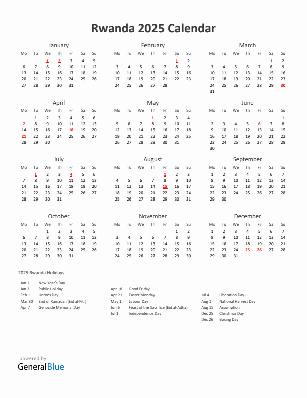 2025 Yearly Calendar Printable With Rwanda Holidays