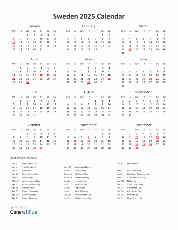 2025 Yearly Calendar Printable With Sweden Holidays