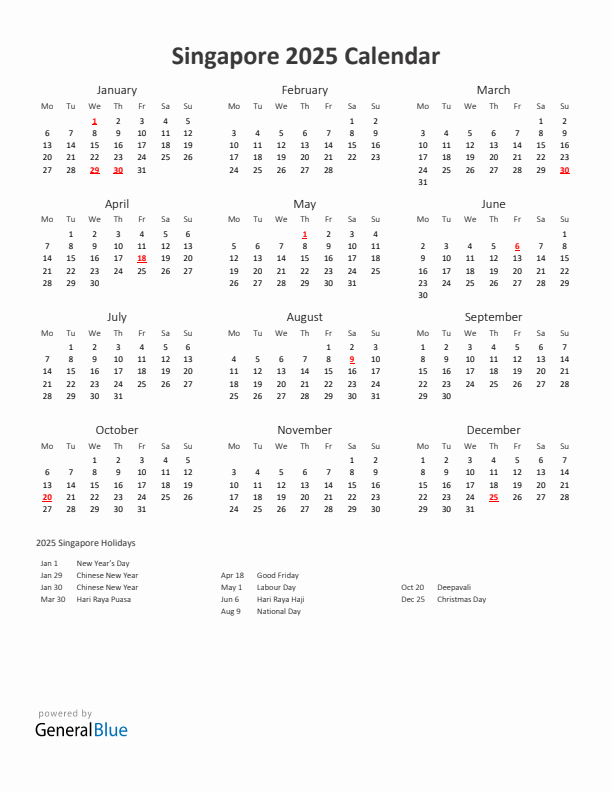 2025 Yearly Calendar Printable With Singapore Holidays