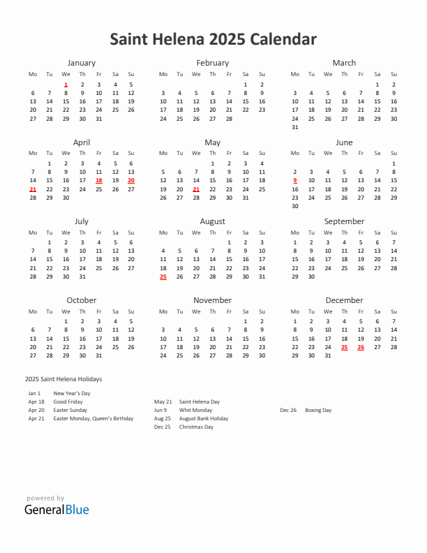 2025 Yearly Calendar Printable With Saint Helena Holidays