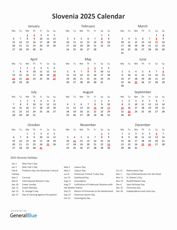 2025 Yearly Calendar Printable With Slovenia Holidays