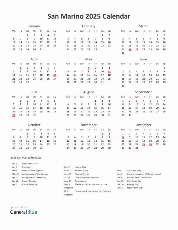 2025 Yearly Calendar Printable With San Marino Holidays