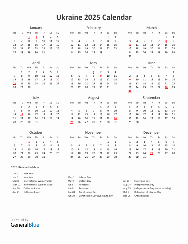 2025 Yearly Calendar Printable With Ukraine Holidays