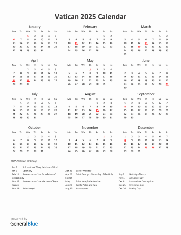 2025 Yearly Calendar Printable With Vatican Holidays