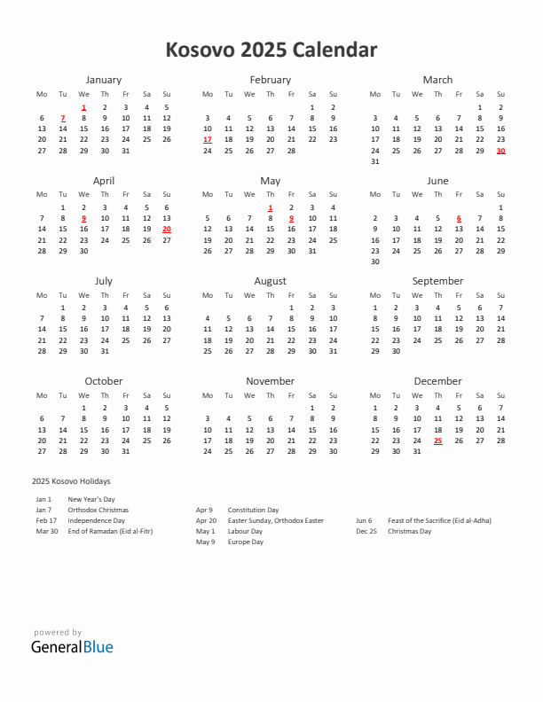 2025 Yearly Calendar Printable With Kosovo Holidays