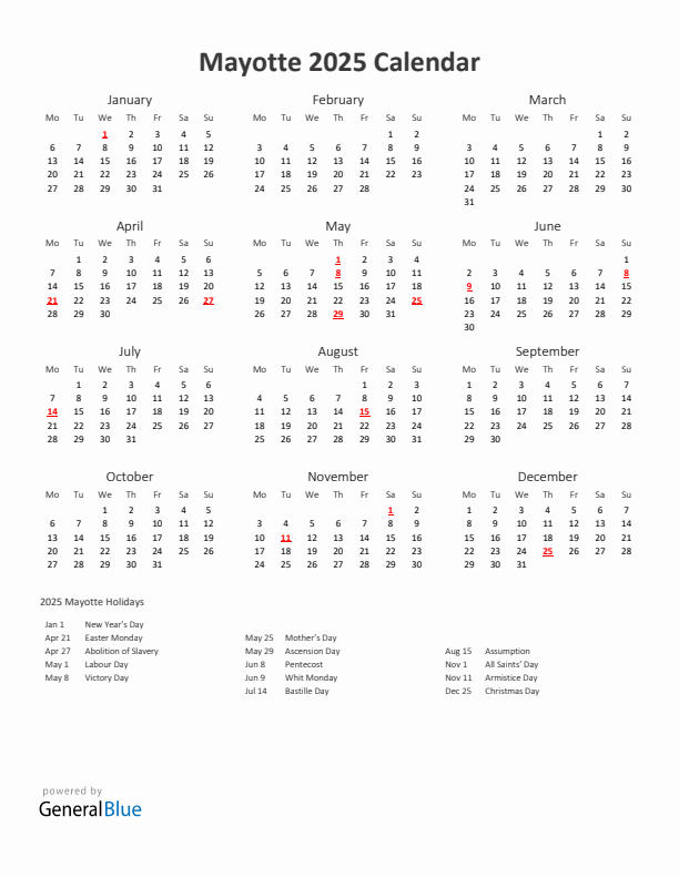 2025 Yearly Calendar Printable With Mayotte Holidays