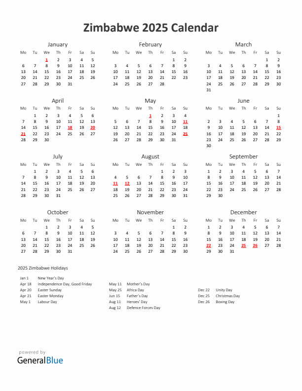 2025 Yearly Calendar Printable With Zimbabwe Holidays