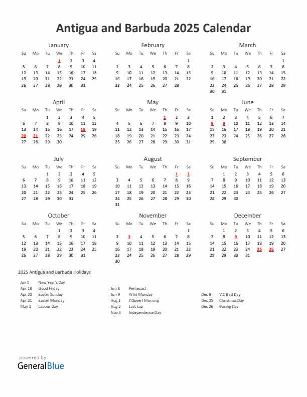 2025 Yearly Calendar Printable With Antigua and Barbuda Holidays