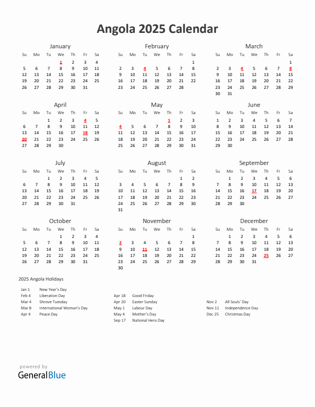 2025 Yearly Calendar Printable With Angola Holidays