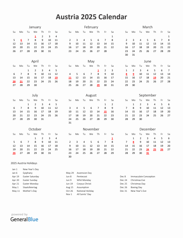 2025 Yearly Calendar Printable With Austria Holidays