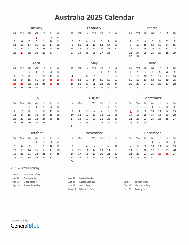 2025 Yearly Calendar Printable With Australia Holidays