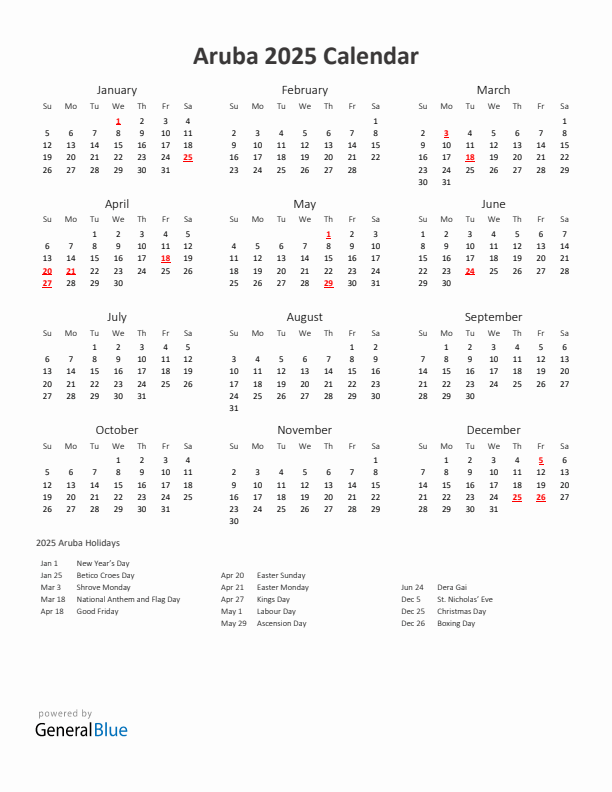 2025 Yearly Calendar Printable With Aruba Holidays