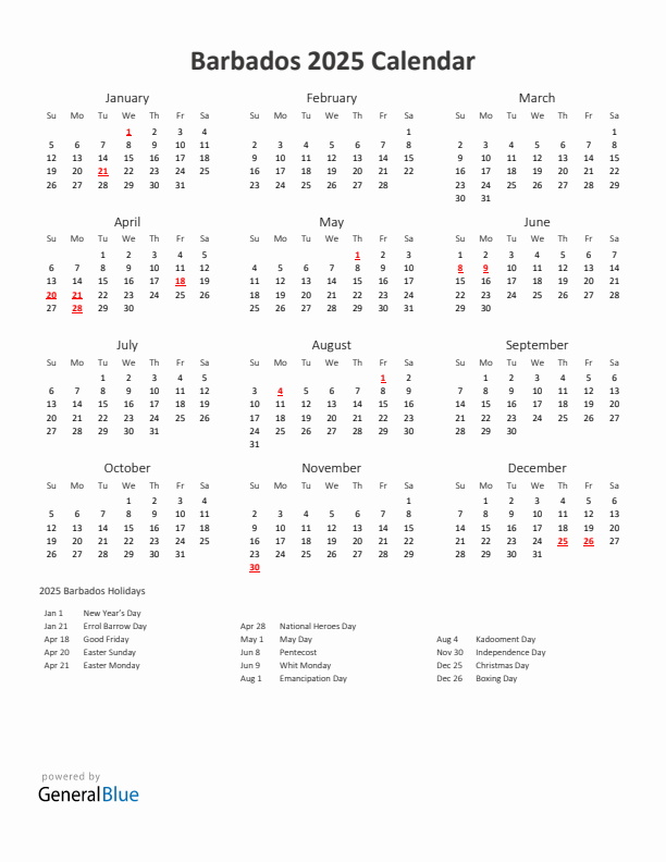 2025 Yearly Calendar Printable With Barbados Holidays