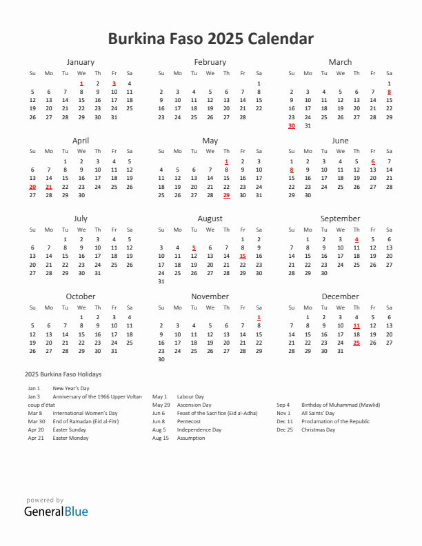 2025 Yearly Calendar Printable With Burkina Faso Holidays