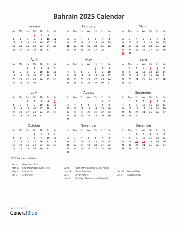 2025 Yearly Calendar Printable With Bahrain Holidays